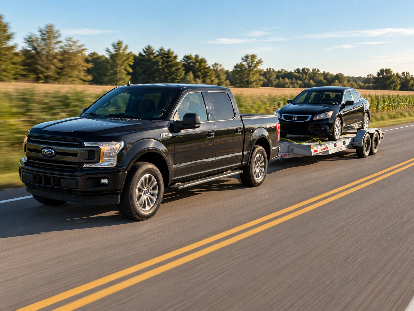 Pickup truck towing a sedan on a Simply Hitched car hauler trailer along a country road