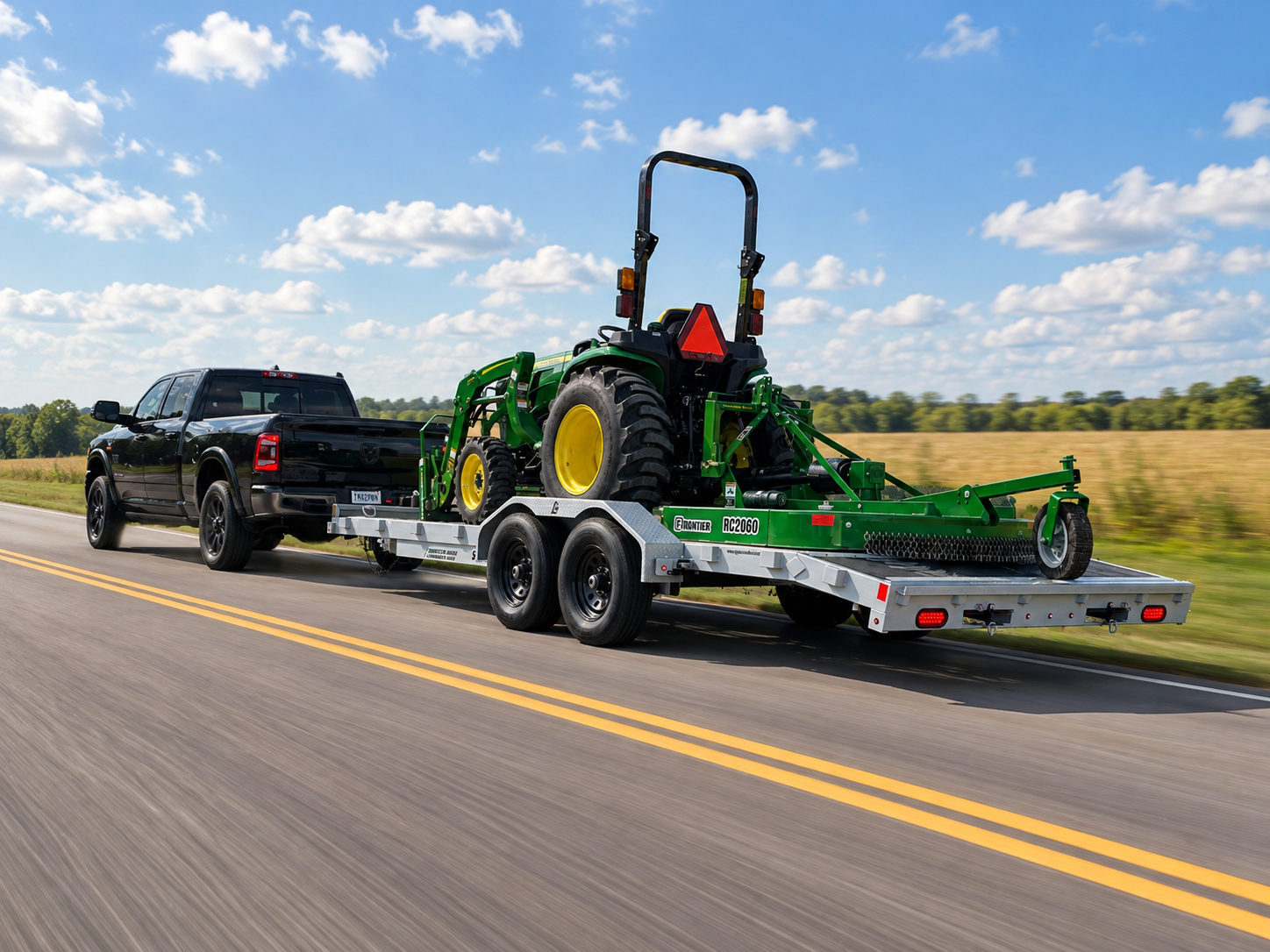 Truck towing a Simply Hitched equipment trailer loaded with a tractor down a rural highway